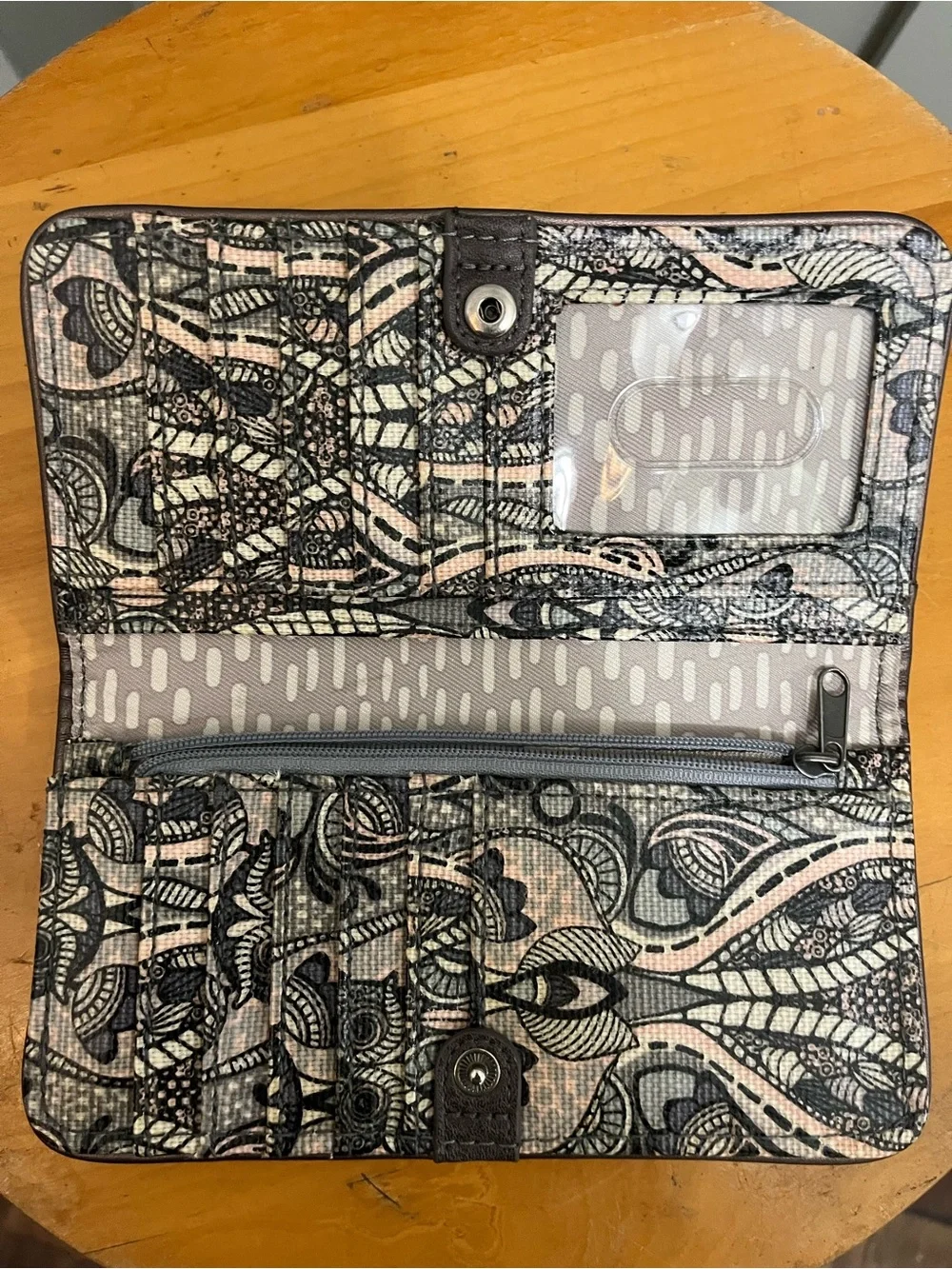 Sakroots button closure wallet with owl detail